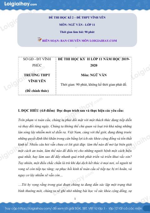 Giải đề thi kì 2 Ngữ văn lớp 11 năm 2019 - 2020 trường THPT Vĩnh Yên